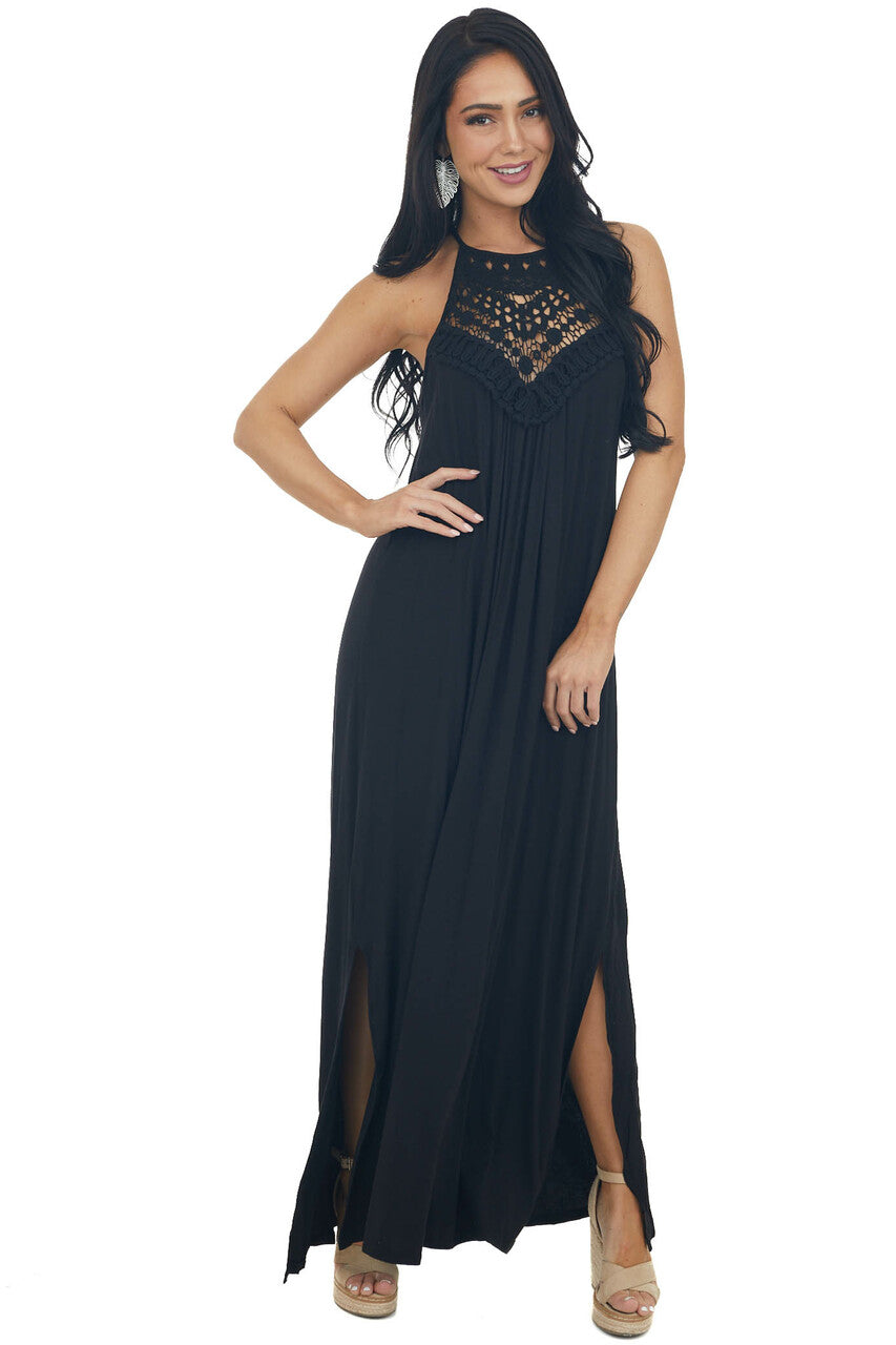Midnight Black Sleeveless Maxi Dress with Front Lace Detail