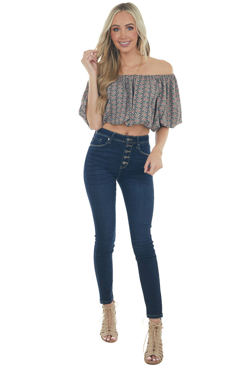 Black Ditsy Floral Print Boat Neck Crop Top