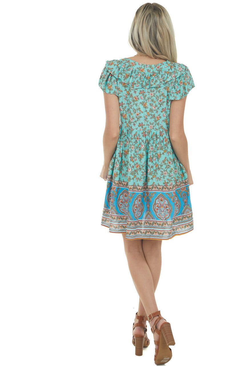 Aquamarine Multiprint Cap Sleeve Short Dress