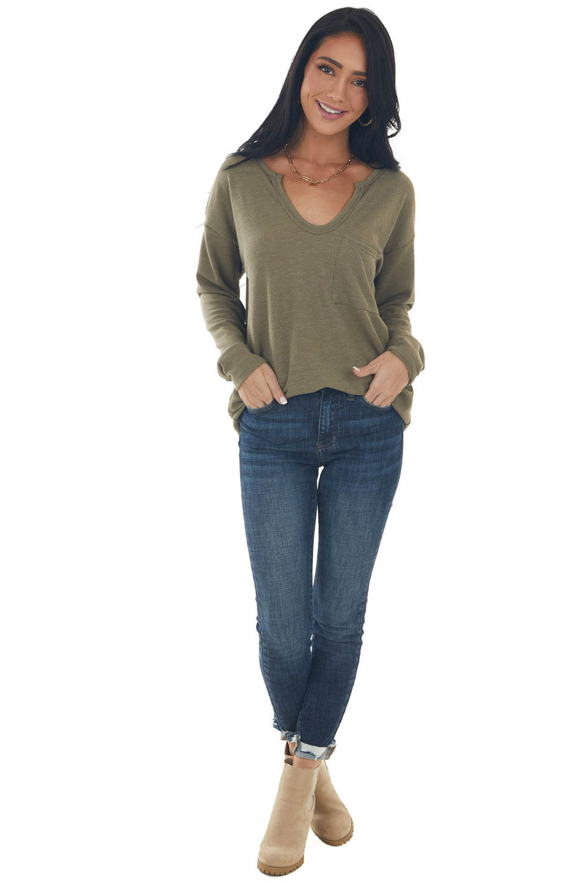 Olive Notch Neck Chest Pocket Thermal Top