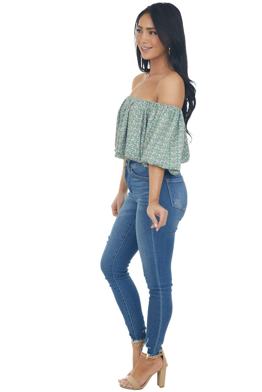 Jade Ditsy Floral Print Boat Neck Crop Top