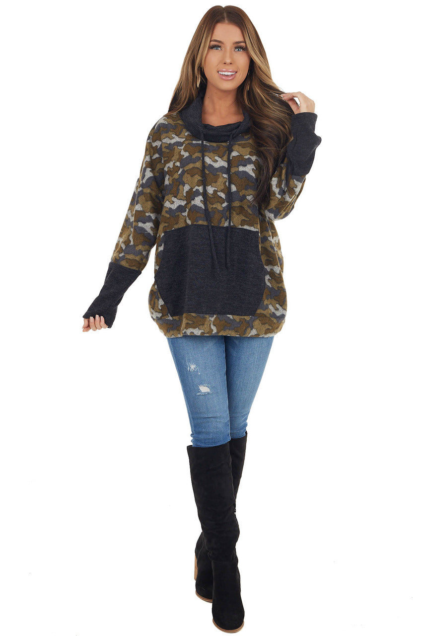 Olive Camo Print Pullover with Cowl Neck and Kangaroo Pouch