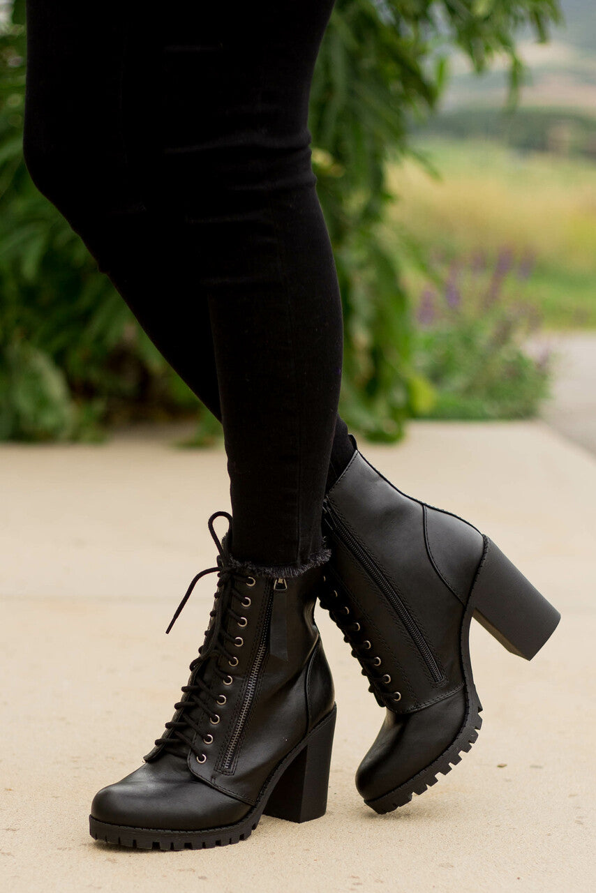 Black Faux Leather Heeled Combat Booties 