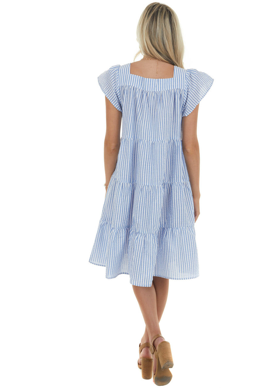 Dusty Blue Striped Babydoll Tiered Short Dress