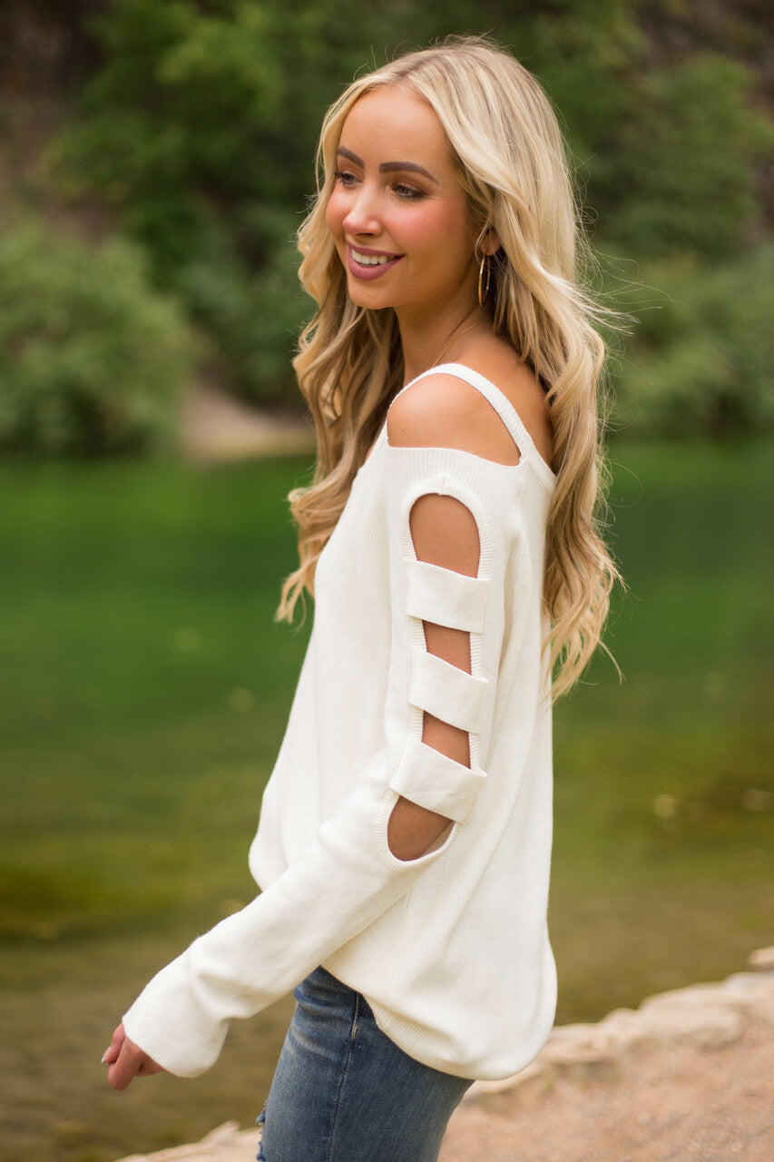 Ivory Ribbed Knit Sweater with Cut Out Sleeves 