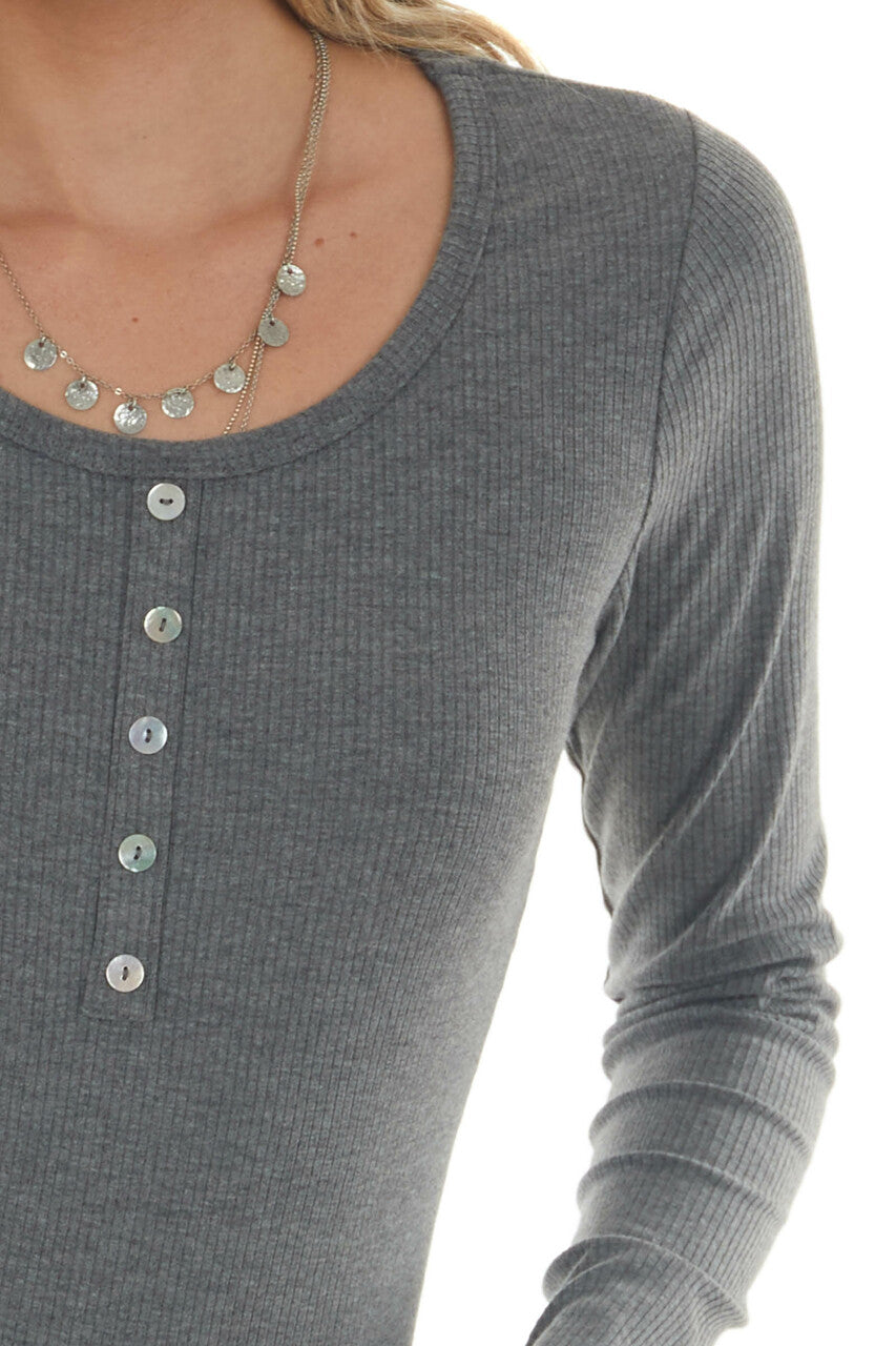 Graphite Ribbed Knit Long Sleeve Bodysuit