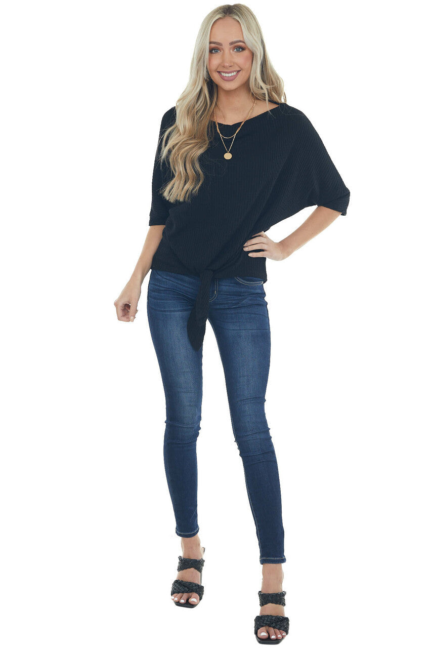 Black Waffle Knit Boat Neck Top with Tie