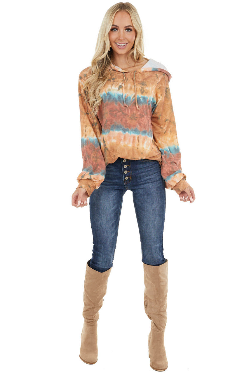 Camel and Rust Tie Dye Long Sleeve Lightweight Hoodie 