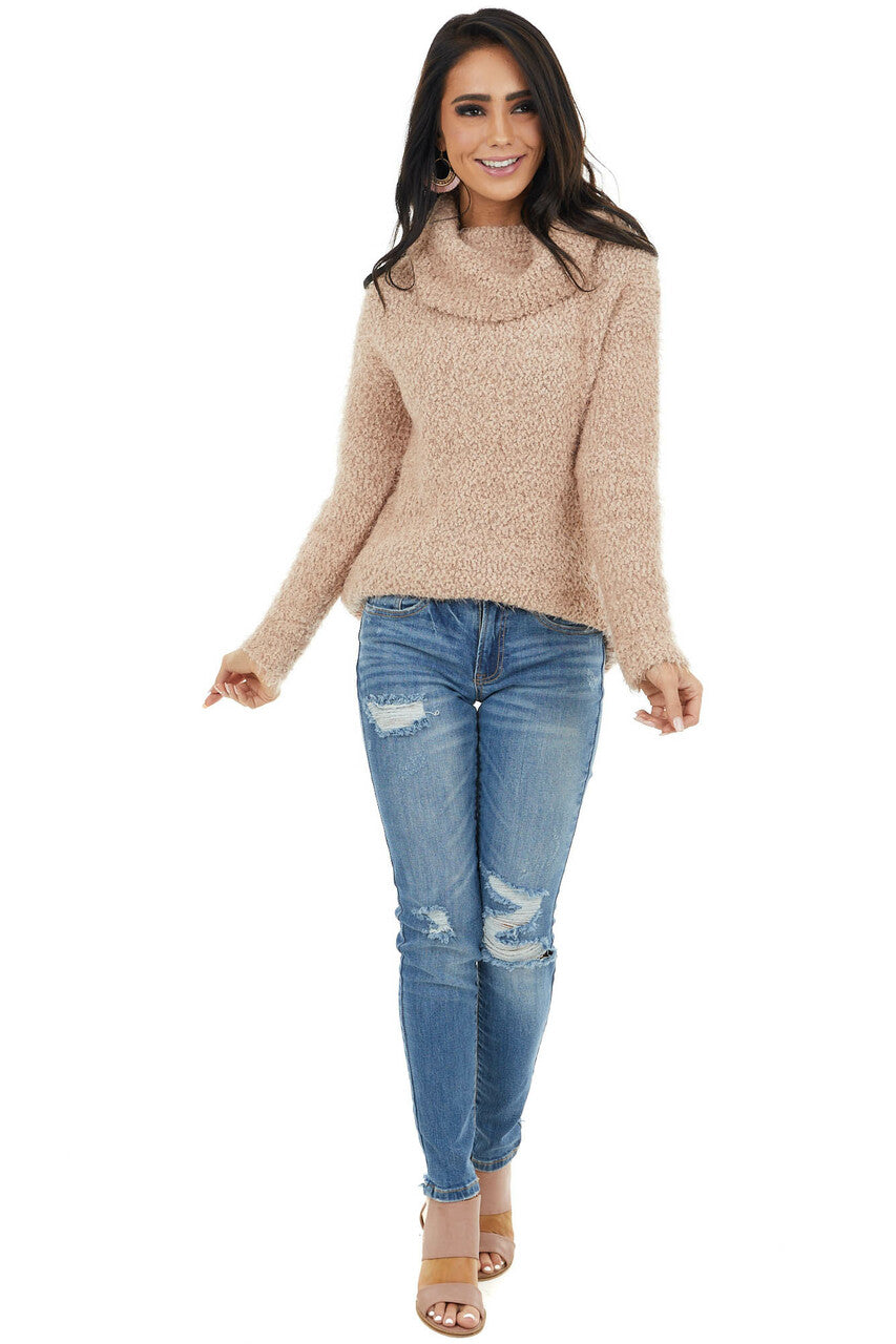 Light Mocha Fuzzy Stretchy Knit Sweater with Turtleneck