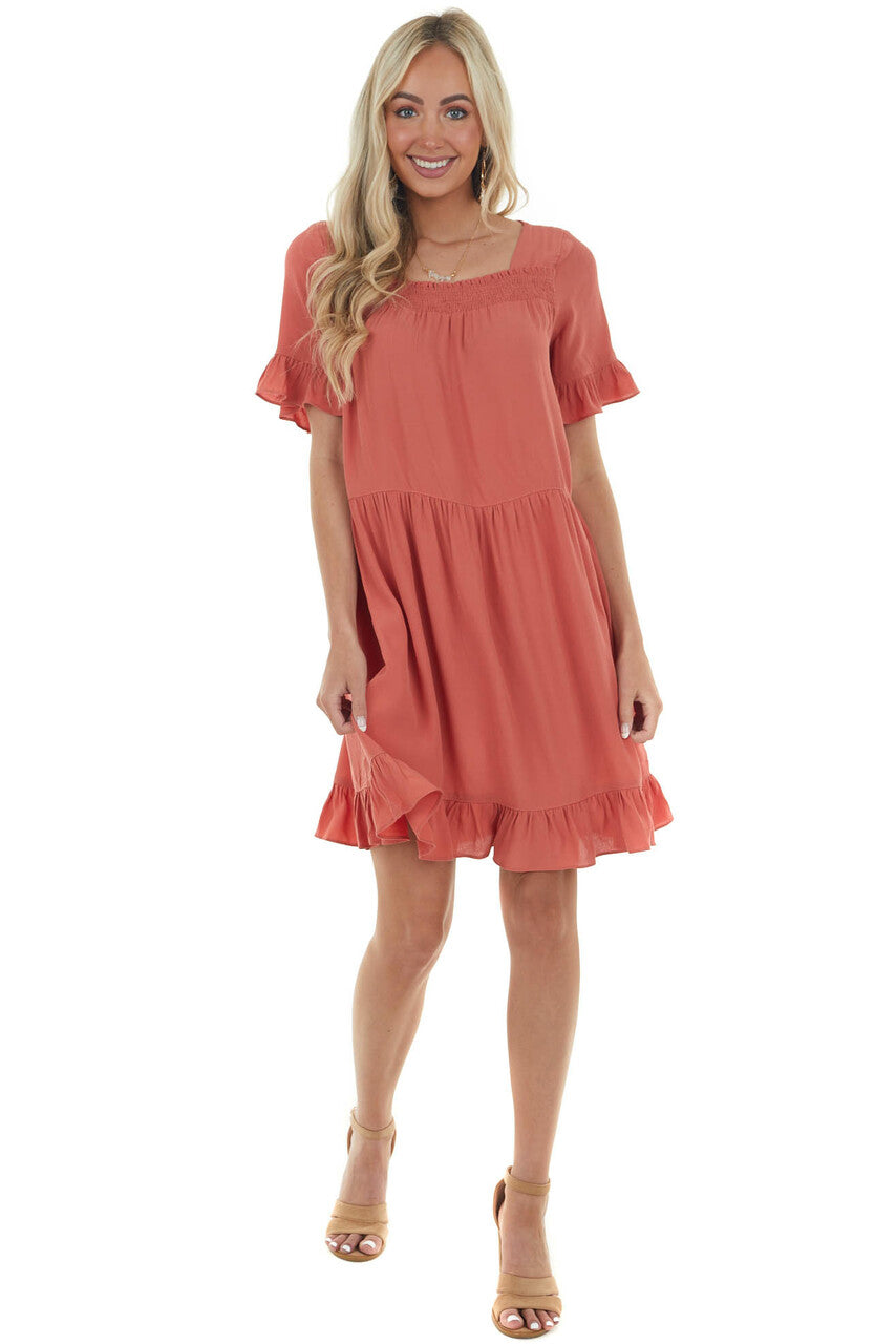 Terracotta Square Neck Tiered Short Dress