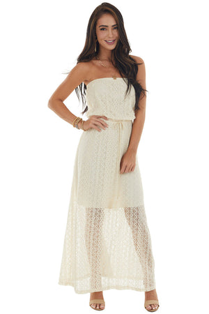 Champagne Strapless Front Tie Lace Maxi Dress 