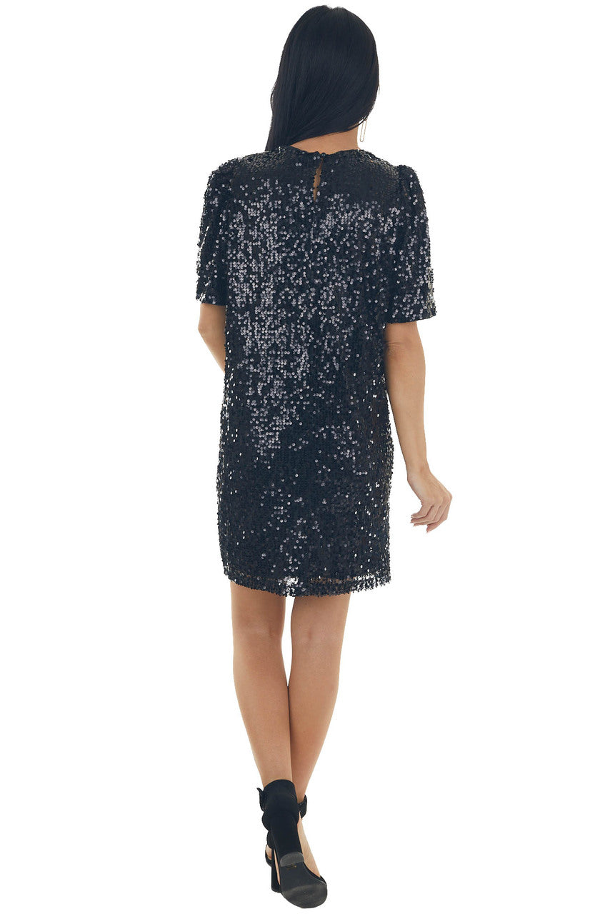 Black Sequined Short Puff Sleeve Shift Dress
