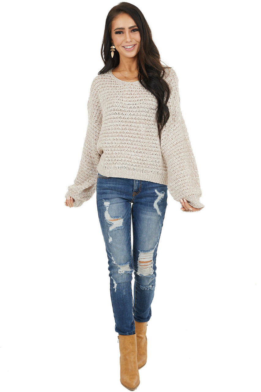 Dusty Rose Two Tone Loose Knit Sweater with Bubble Sleeves