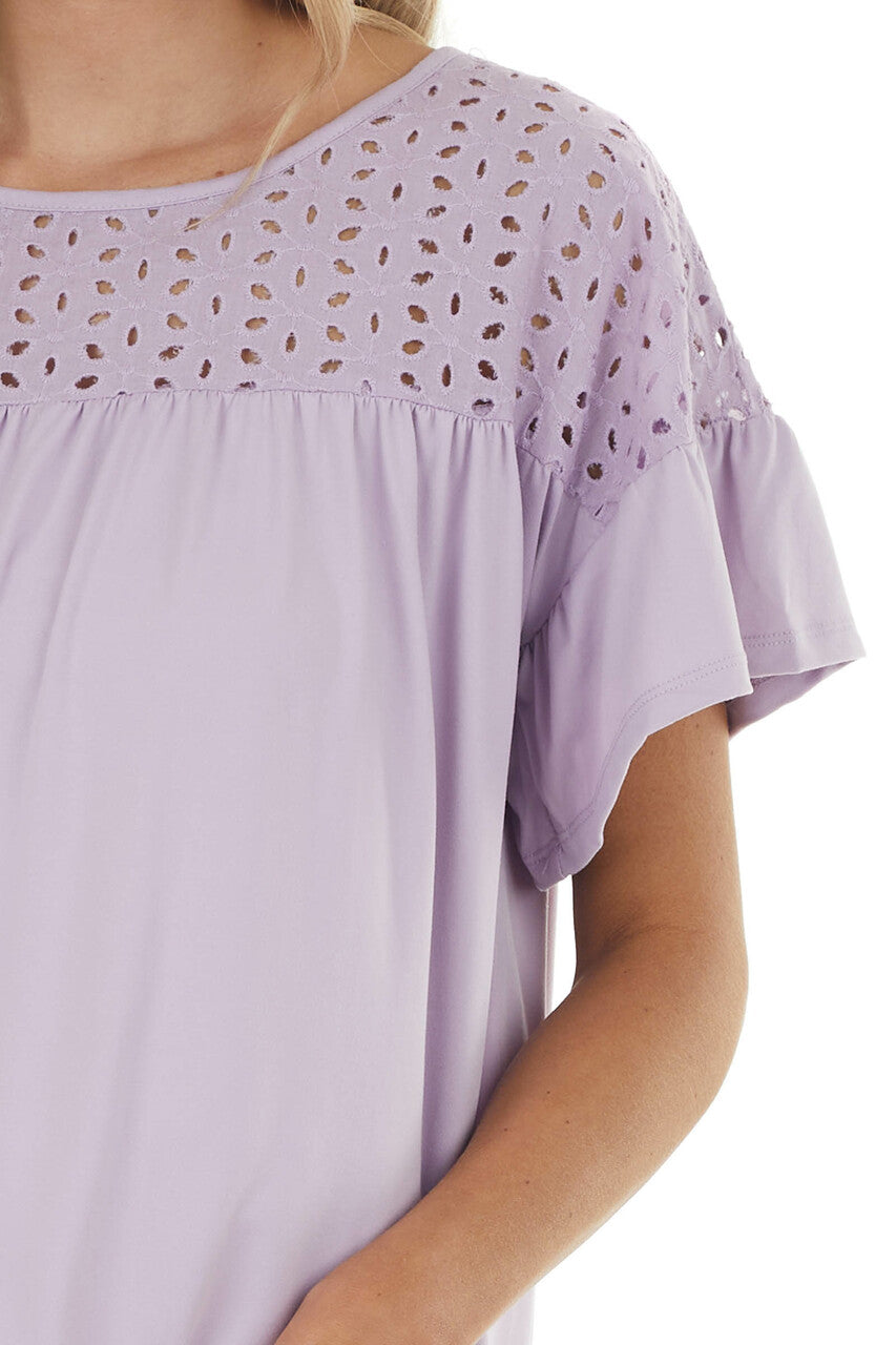 Pastel Lavender Babydoll Knit Top with Eyelet Lace Detail 