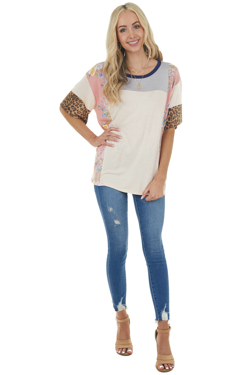 Light Peach Knit Top with Floral and Leopard Print Contrast