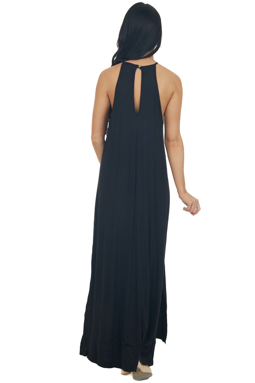 Midnight Black Sleeveless Maxi Dress with Front Lace Detail