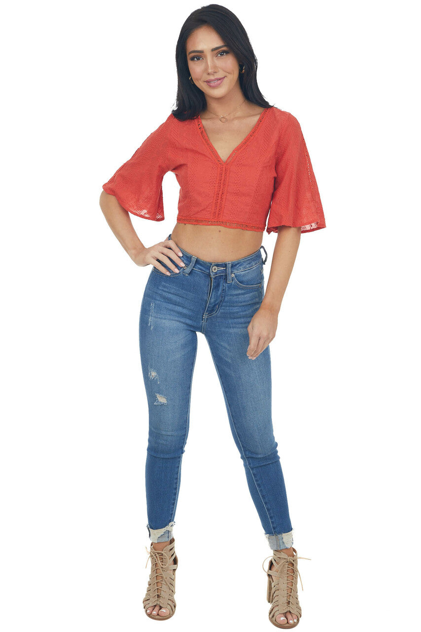 Lipstick Red Flare Sleeve Open Back Woven Crop Top