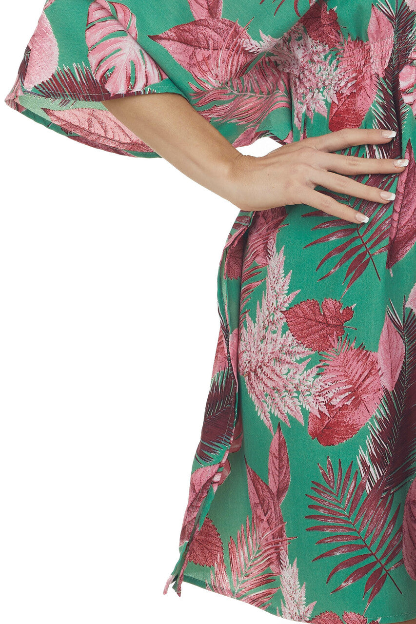 Jade and Hibiscus Leaf Print Half Sleeve Dress 