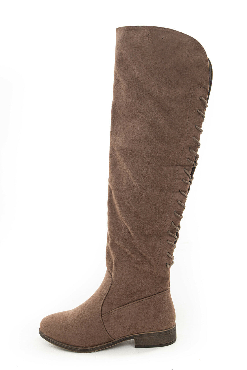 Taupe Faux Suede Knee High Back Lace Up Boots