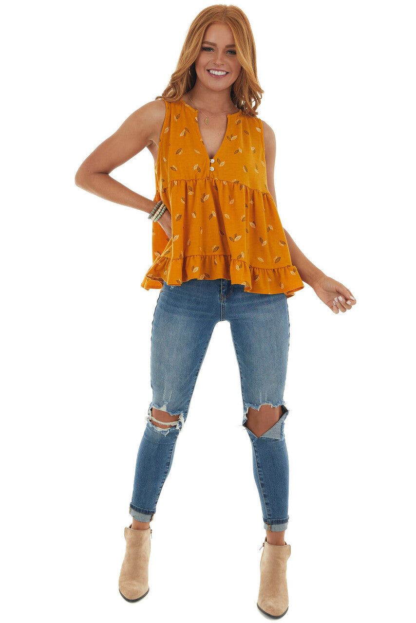 Mango Leaf Print Babydoll Notch Neck Knit Tank