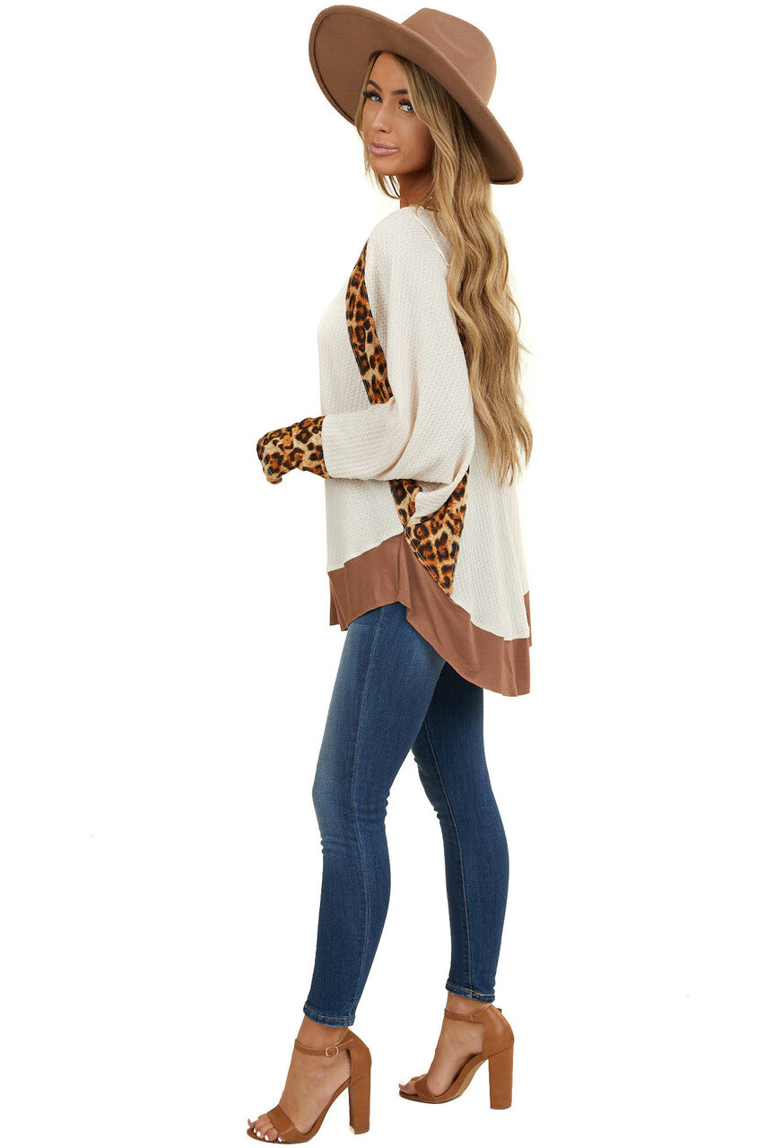 Cream Long Sleeve Waffle Knit Top with Leopard Contrast 