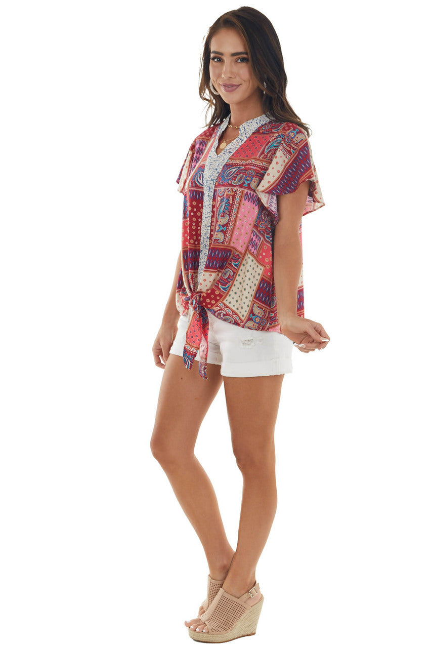 Maroon Printed Top with Front Tie Detail