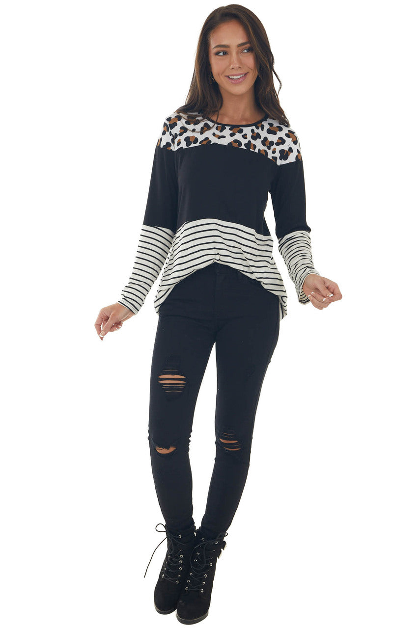 Black Colorblock Leopard Print Long Sleeve Top