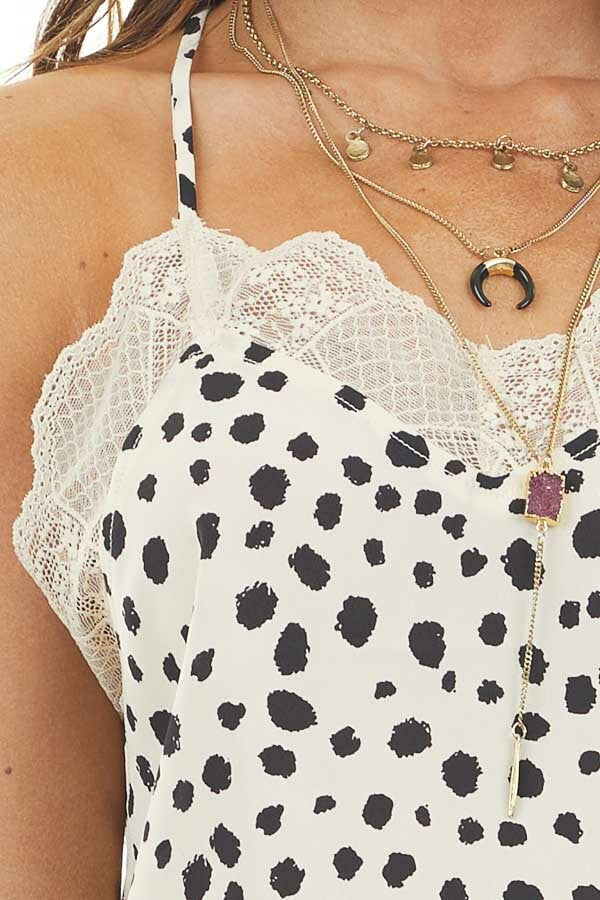 Champagne Cheetah Print Woven Tank Top with Lace Detail 