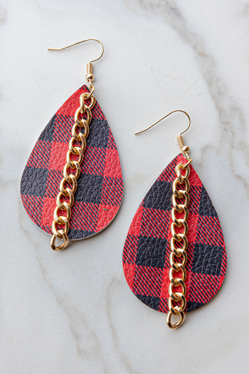 Pomegranate Plaid Teardrop Earrings with Chain 
