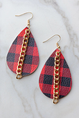 Pomegranate Plaid Teardrop Earrings with Chain 
