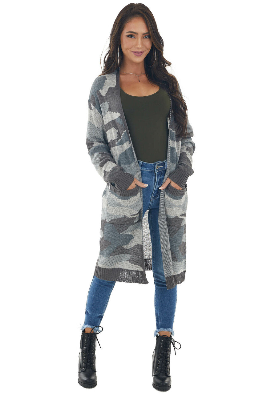 Steel Grey Camo Print Stretchy Knit Cardigan 