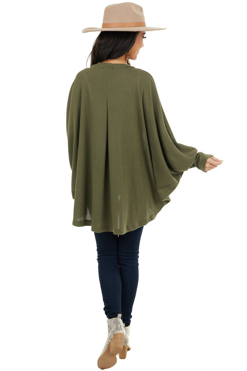 Olive Waffle Knit Open Front Cardigan with Dolman Sleeves