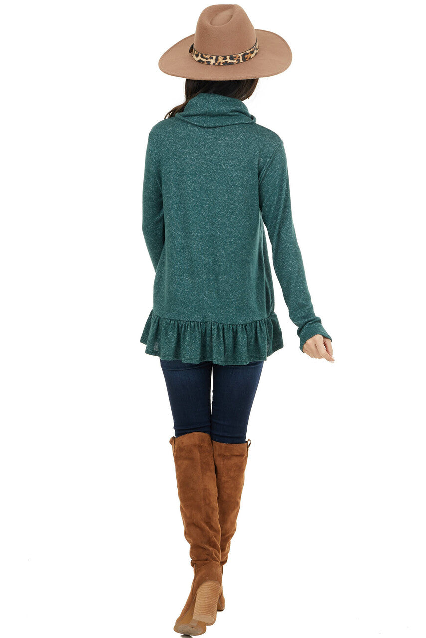 Pine Green Two Tone Cowl Neck Top with Ruffle Hem
