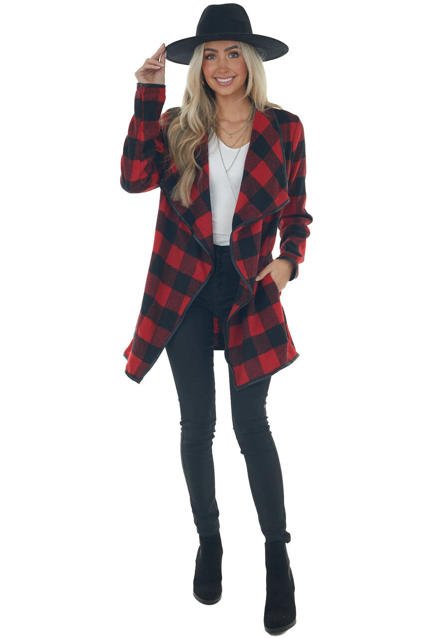 Ruby Buffalo Plaid Draped Open Front Coat 