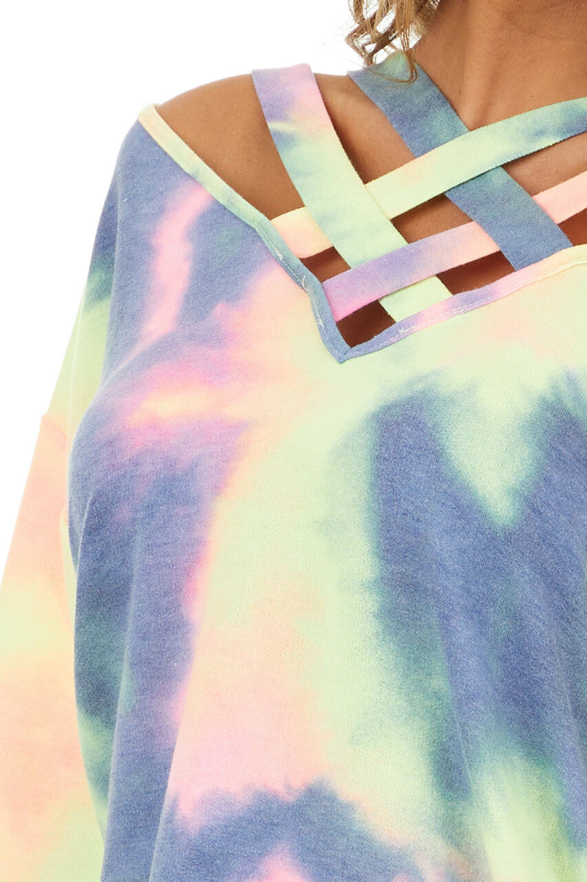 Multi Color Tie Dye Long Sleeve with Criss Cross Neck Detail 