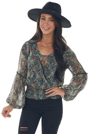 Black Floral Print Surplice Blouson Woven Top 