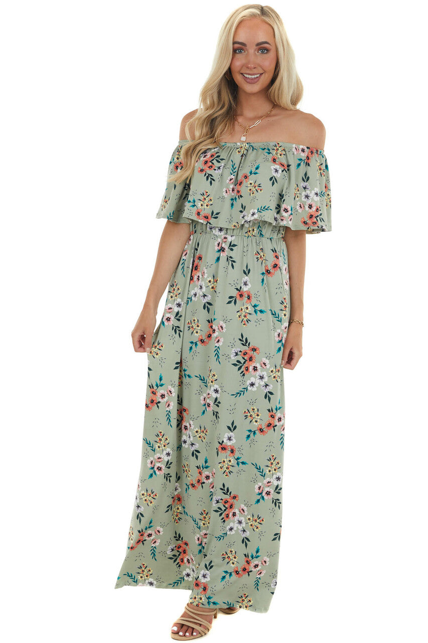 Sage Floral Print Off the Shoulder Maxi Dress