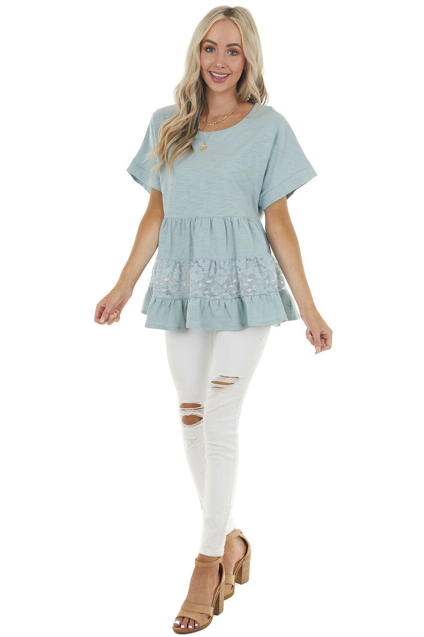 Vintage Seafoam Drop Waist Tiered Knit Top with Lace Detail