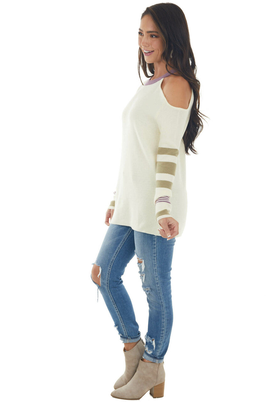 Cream Cold Shoulder Striped Sleeve Sweater