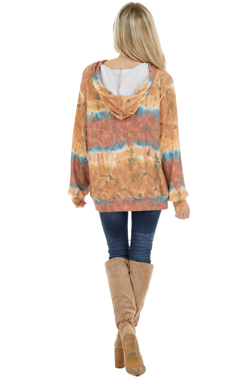 Camel and Rust Tie Dye Long Sleeve Lightweight Hoodie 