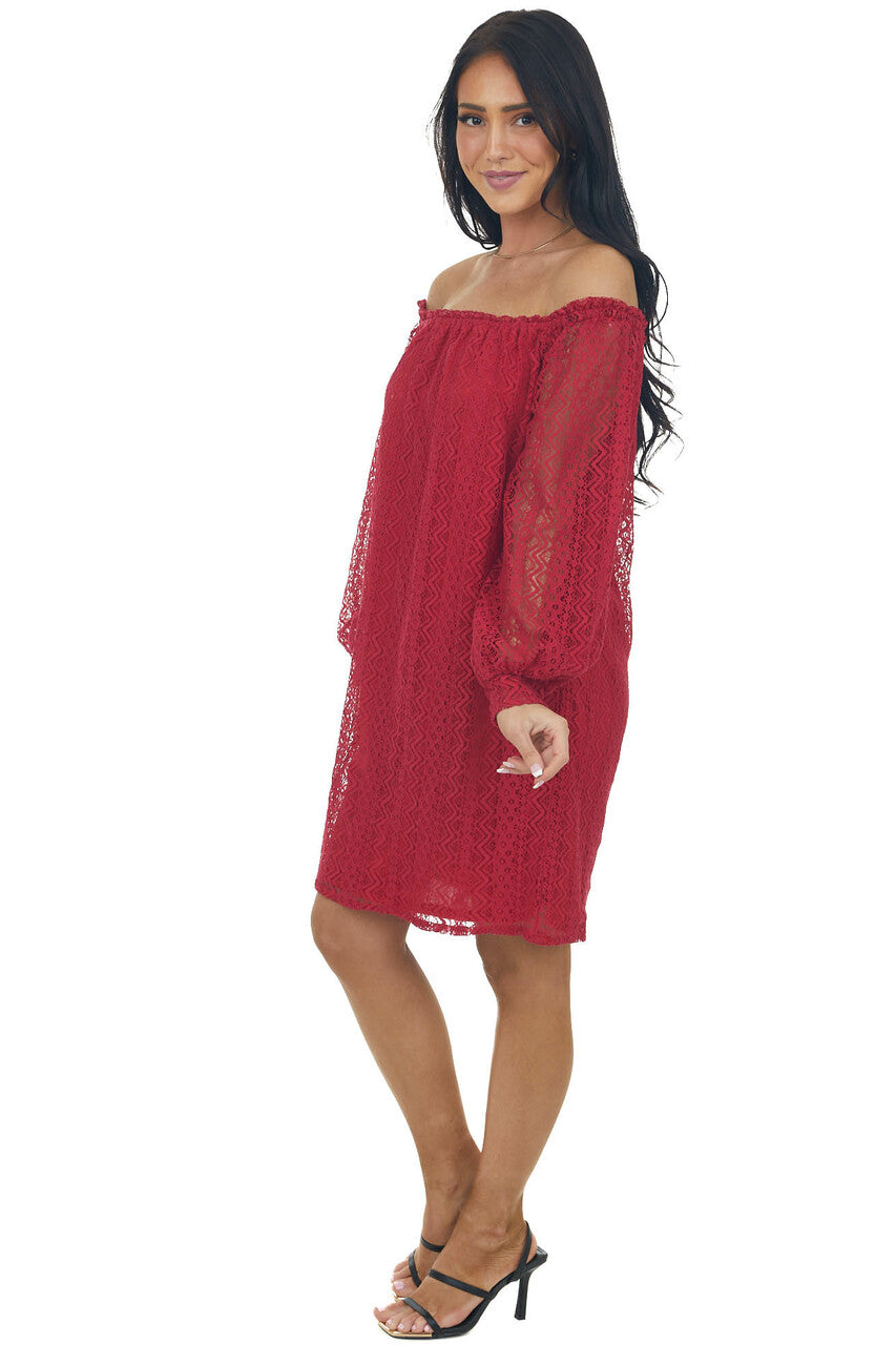 Crimson Off the Shoulder Lace Short Dress