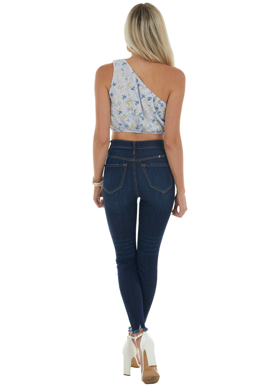 Pastel Blue Floral One Shoulder Crop Woven Top