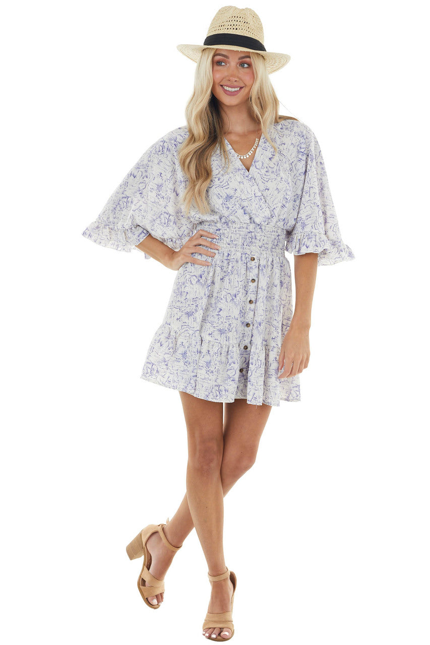 Pearl and Navy Abstract Print Short Woven Dress with Ruffles