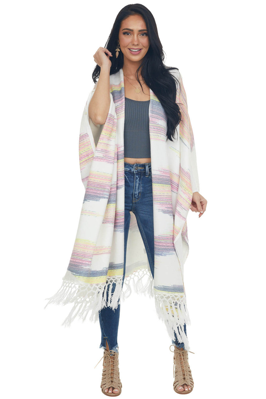 Eggshell Multicolor Fringed Poncho Cardigan 