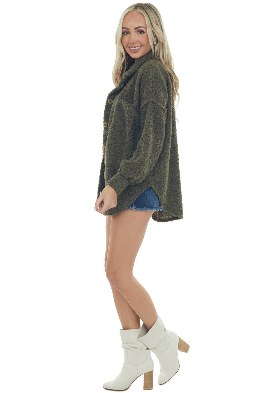 Olive Sherpa Button Up Bubble Sleeve Shacket
