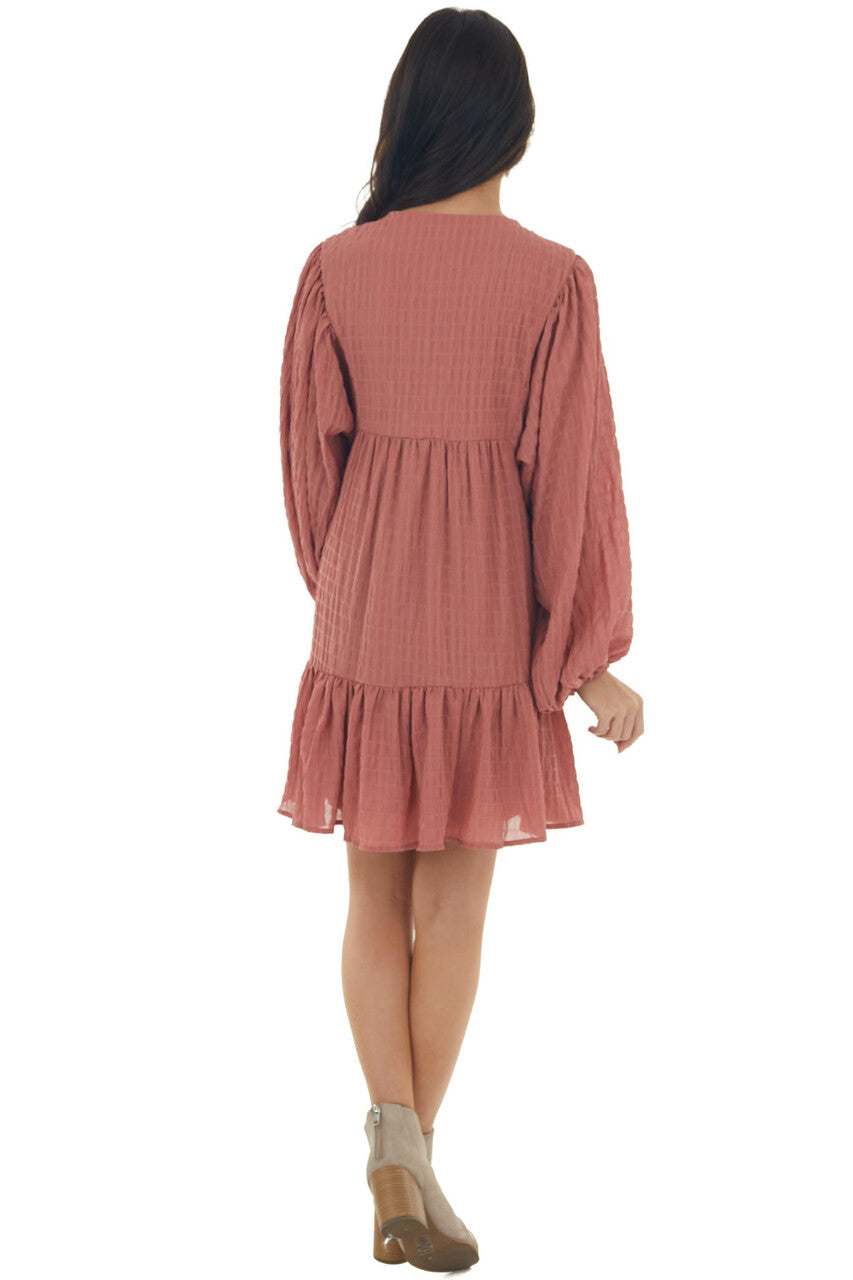 Vintage Rose Textured Puff Sleeve Lace Dress 