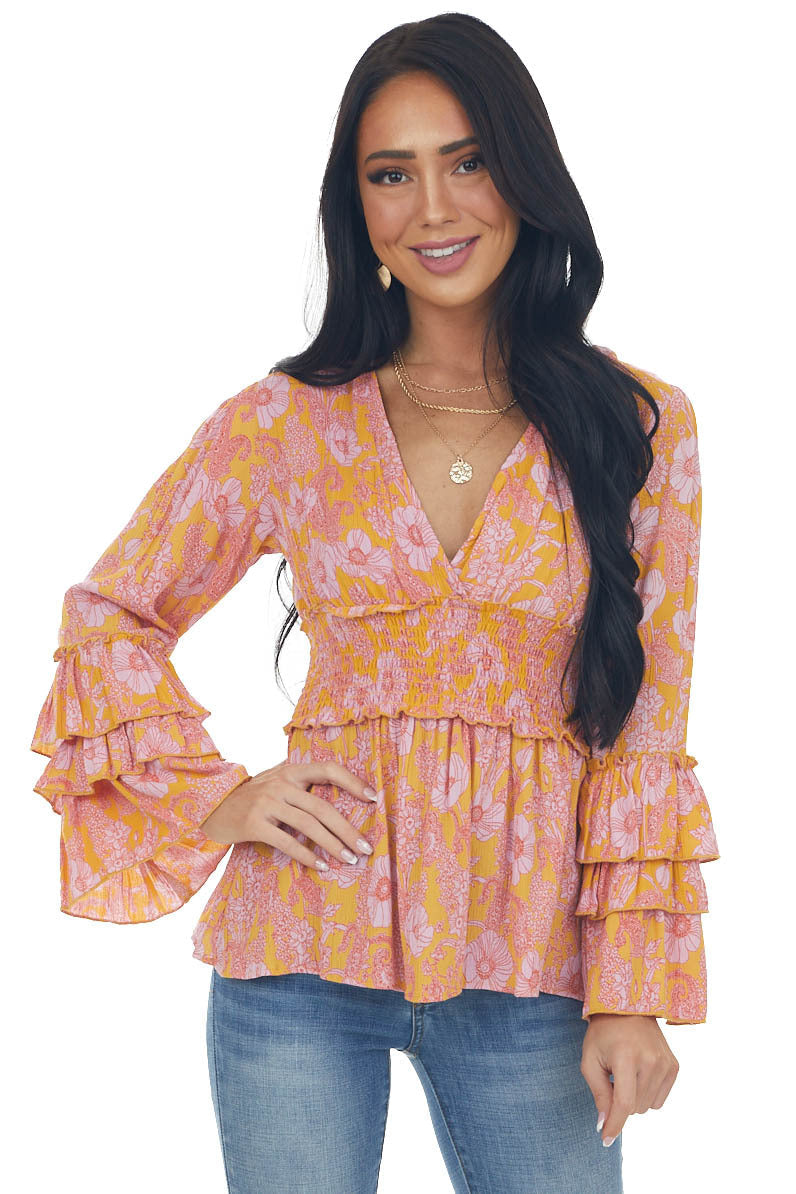 Amber Floral Flare Ruffle Sleeve Peplum Blouse