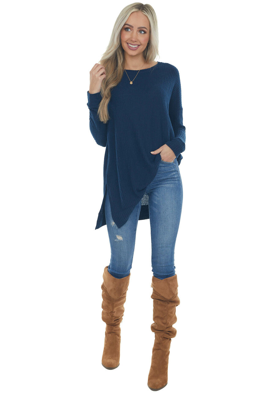 Navy Blue Tunic Length Brushed Waffle Knit Top