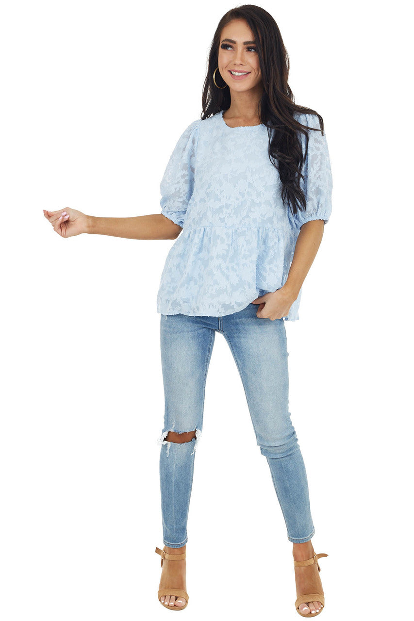 Powder Blue Floral Lace Peplum Top with Short Puff Sleeves