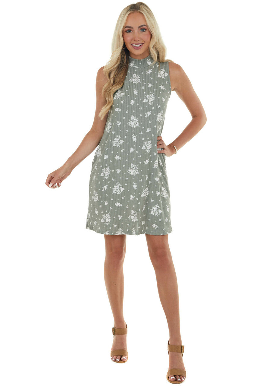 Sage Floral Print Mock Neck Ribbed Dress